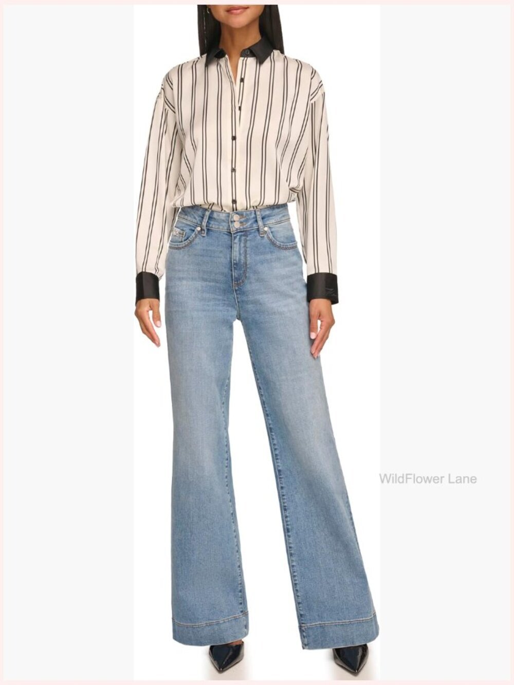 Oversize Stripe Blouse Long Sleeve Collared Neck